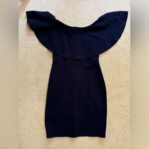 Navy off the shoulder dress.